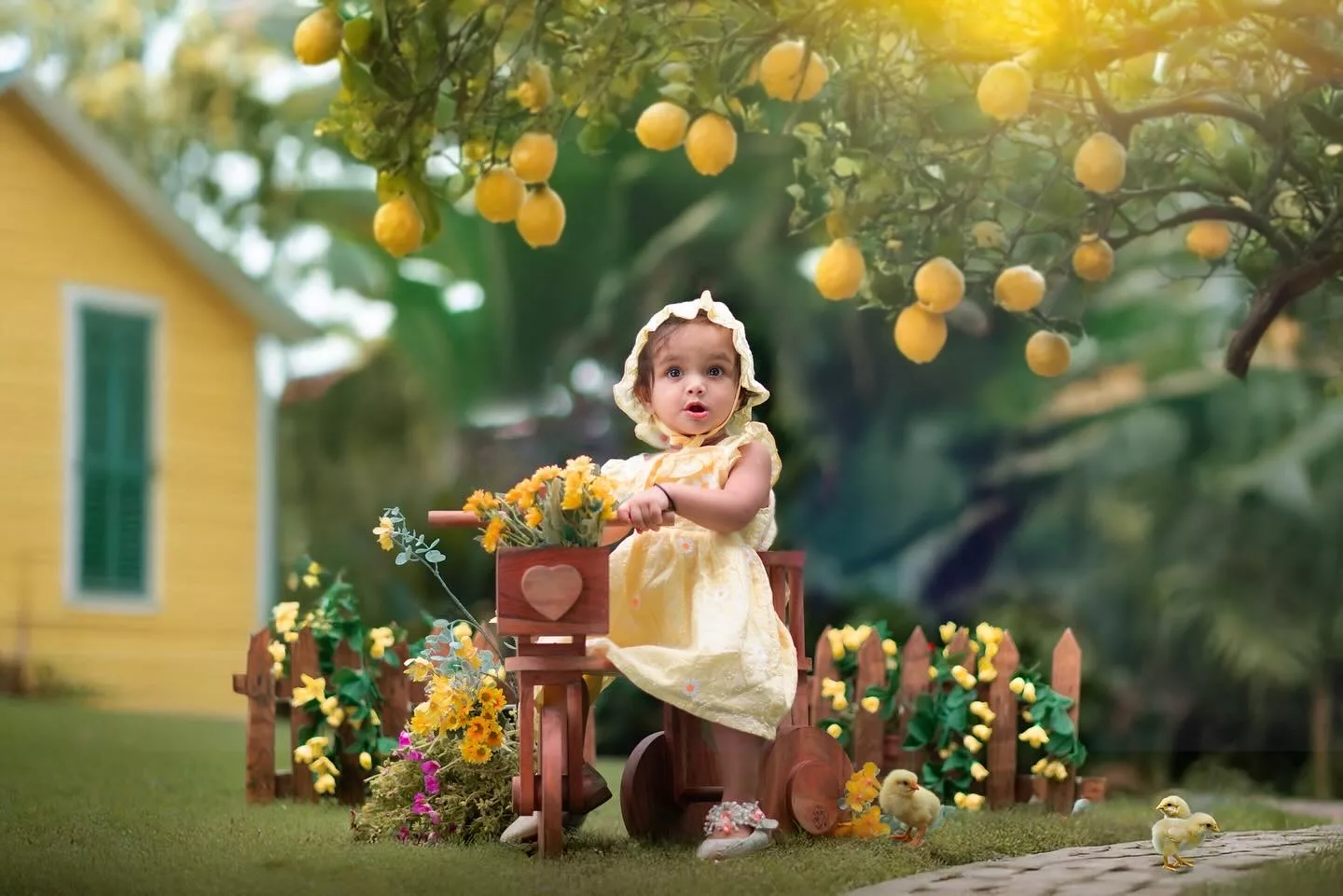 Baby in yellow beside a lemon tree