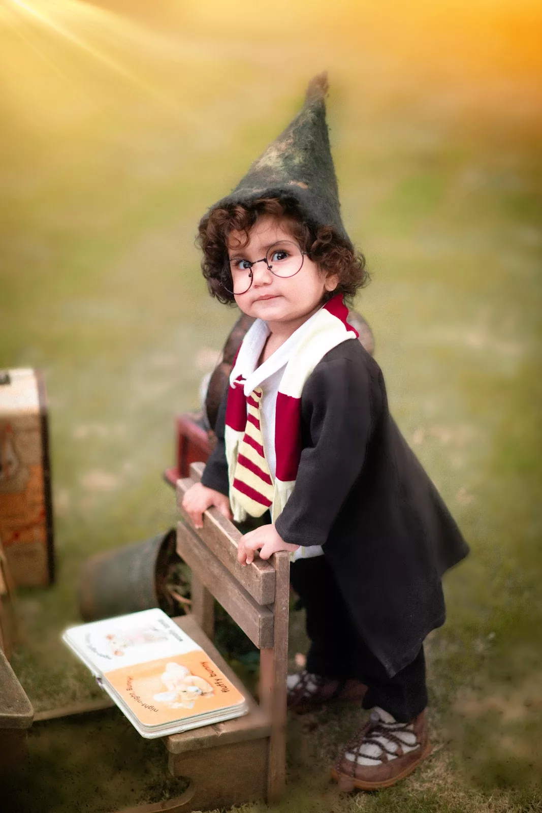 Little one dressed for a storybook adventure outdoors