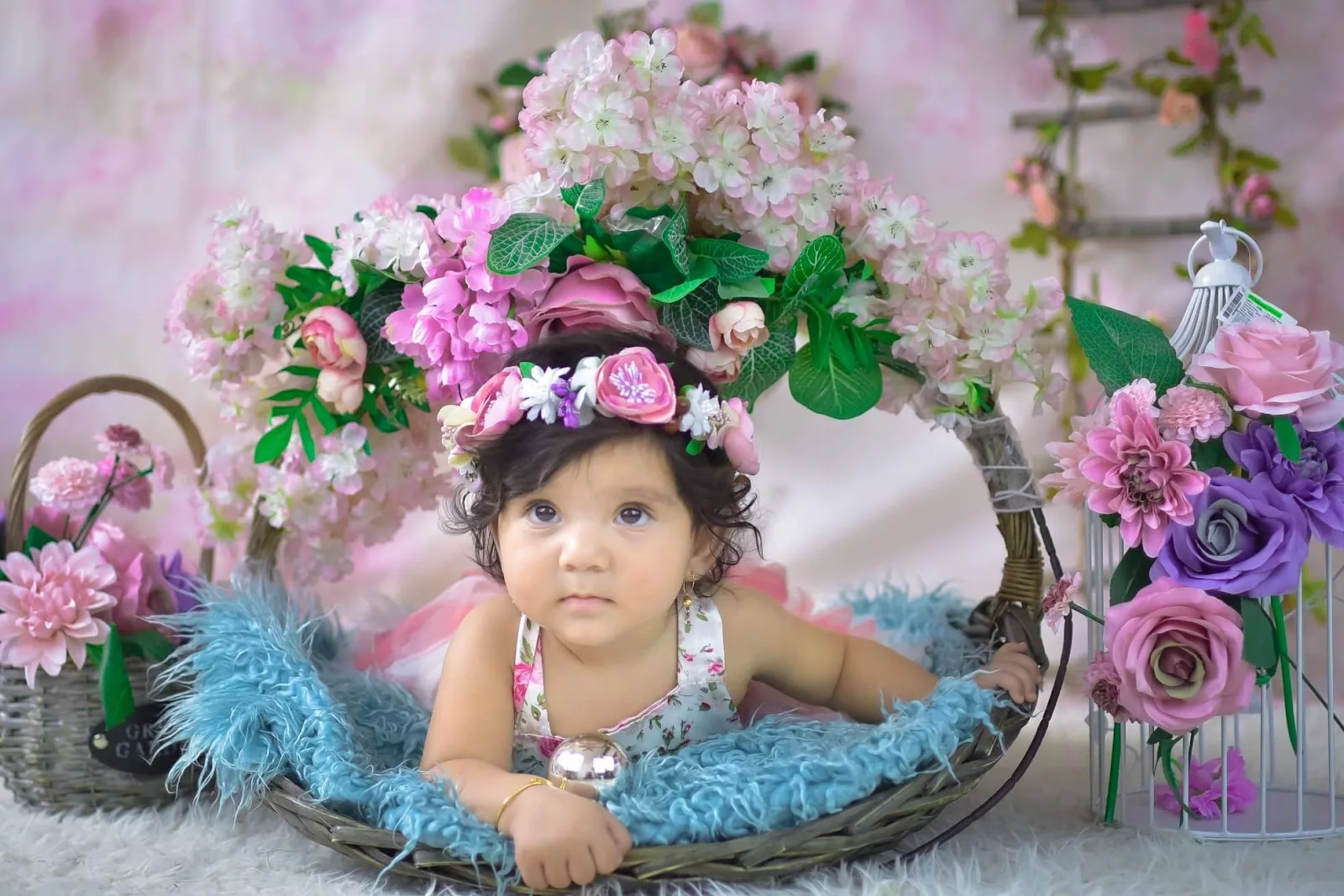 Baby surrounded by pink and purple flowers